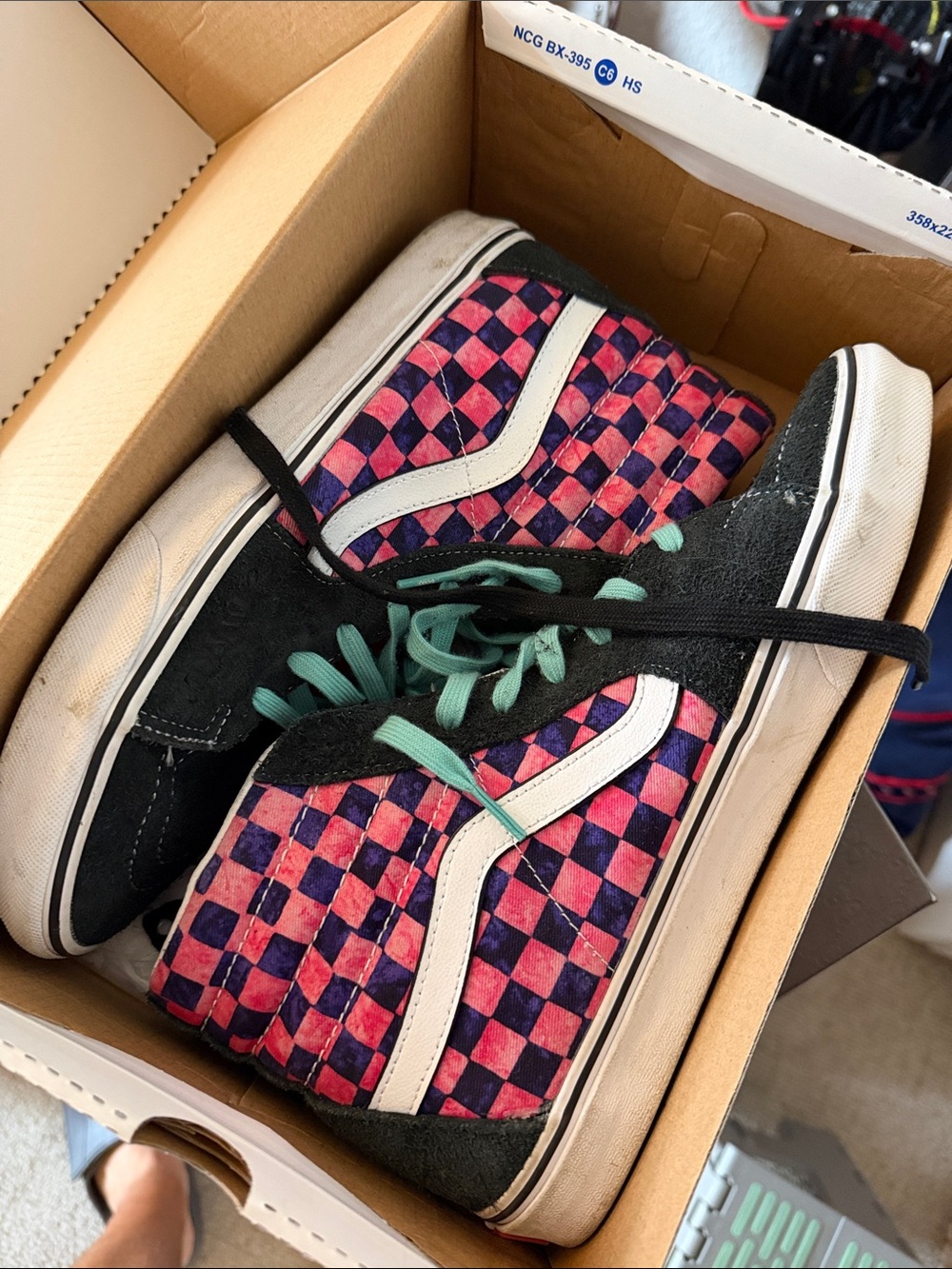Vans x Awake NY High-Top Checkerboard Sneakers - Pink & Navy with many laces 12